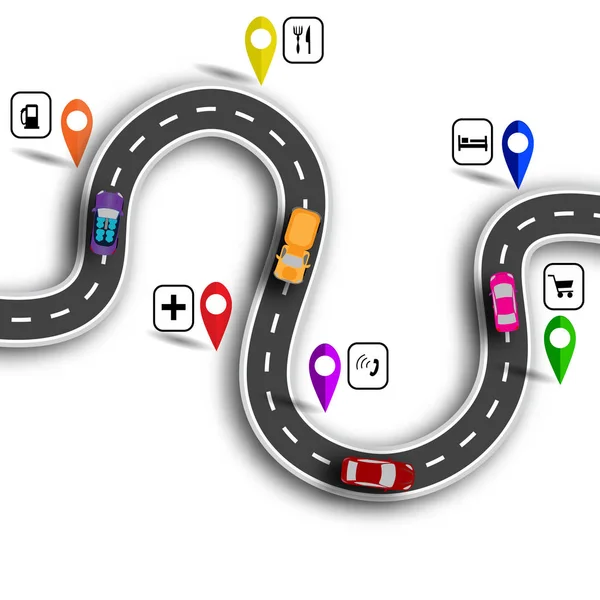 Infografía. Carretera sinuosa con señales. 3D. Autos. El camino indicado por el navegante. ilustración — Vector de stock