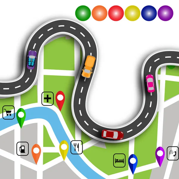 Infografías de carreteras. Carretera sinuosa con señales 3d. La ruta especifica la ubicación en el navegador del mapa. ilustración — Vector de stock