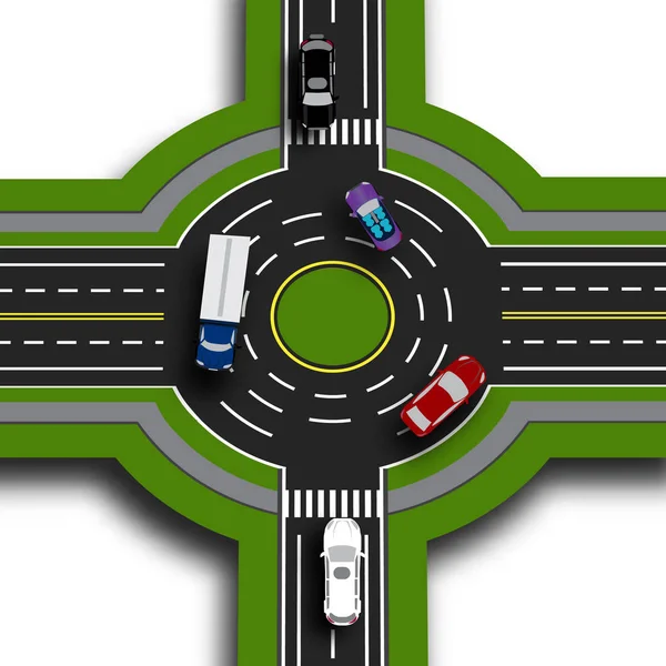 Road infographics. Top view 3d perspective. Road interchange, roundabouts. This shows the movement of cars. Sidewalks and crossings. illustration — Stock Vector