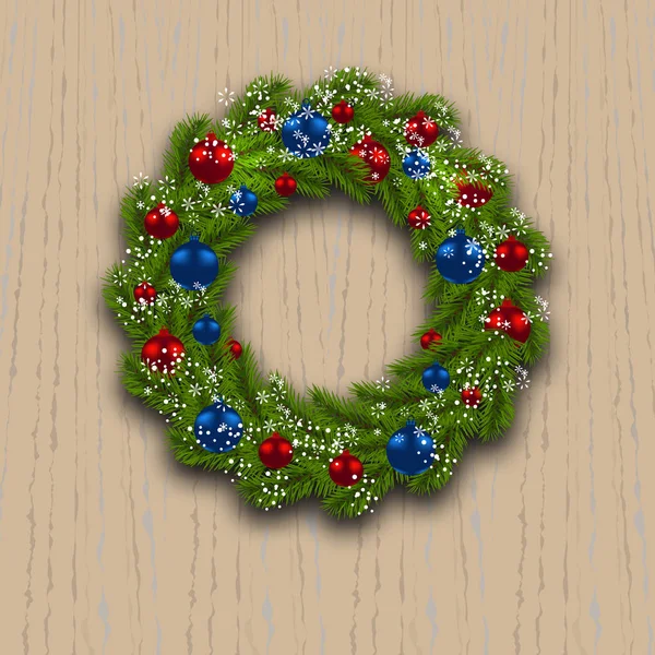 A coroa de Natal. Ramo verde de abeto com bolas vermelhas, azuis e flocos de neve em um contexto de madeira. Cartões de Natal. Ilustração —  Vetores de Stock
