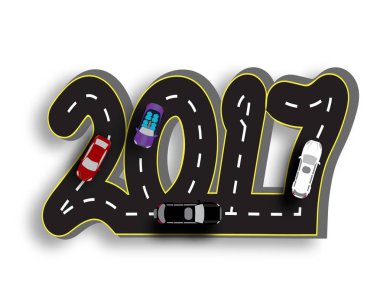 Bir işaretleme yazıtlar 2017 şeklinde olan yol. 3D. arabalar. illüstrasyon