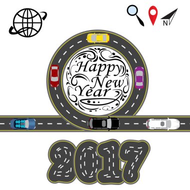 Infographic. Bir işareti olan yol. Arabalar. Tebrik yazıt mutlu yeni yıl 2017. illüstrasyon