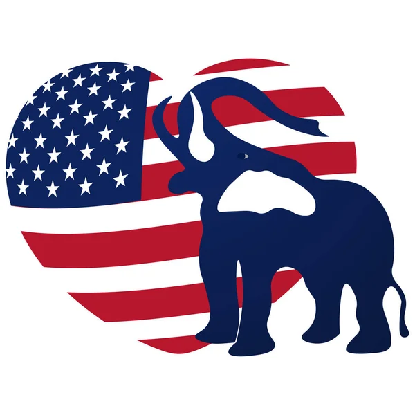 Elefante repubblicano sullo sfondo del cuore nei colori della bandiera americana. Vittoria repubblicana alle elezioni americane. illustrazione — Vettoriale Stock