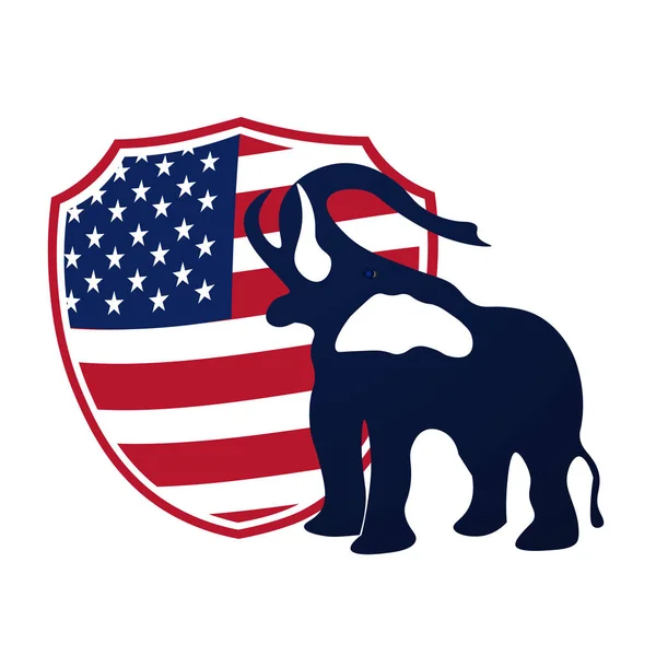 Elefante repubblicano sullo sfondo dello scudo nei colori della bandiera americana. Vittoria repubblicana alle elezioni americane. illustrazione — Vettoriale Stock