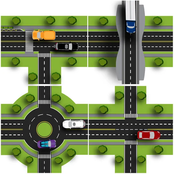 Estabeleça o centro de transporte. Os cruzamentos de várias estradas. Circulação rotunda. Tráfego. Objetos com sombra. Ilustração — Vetor de Stock