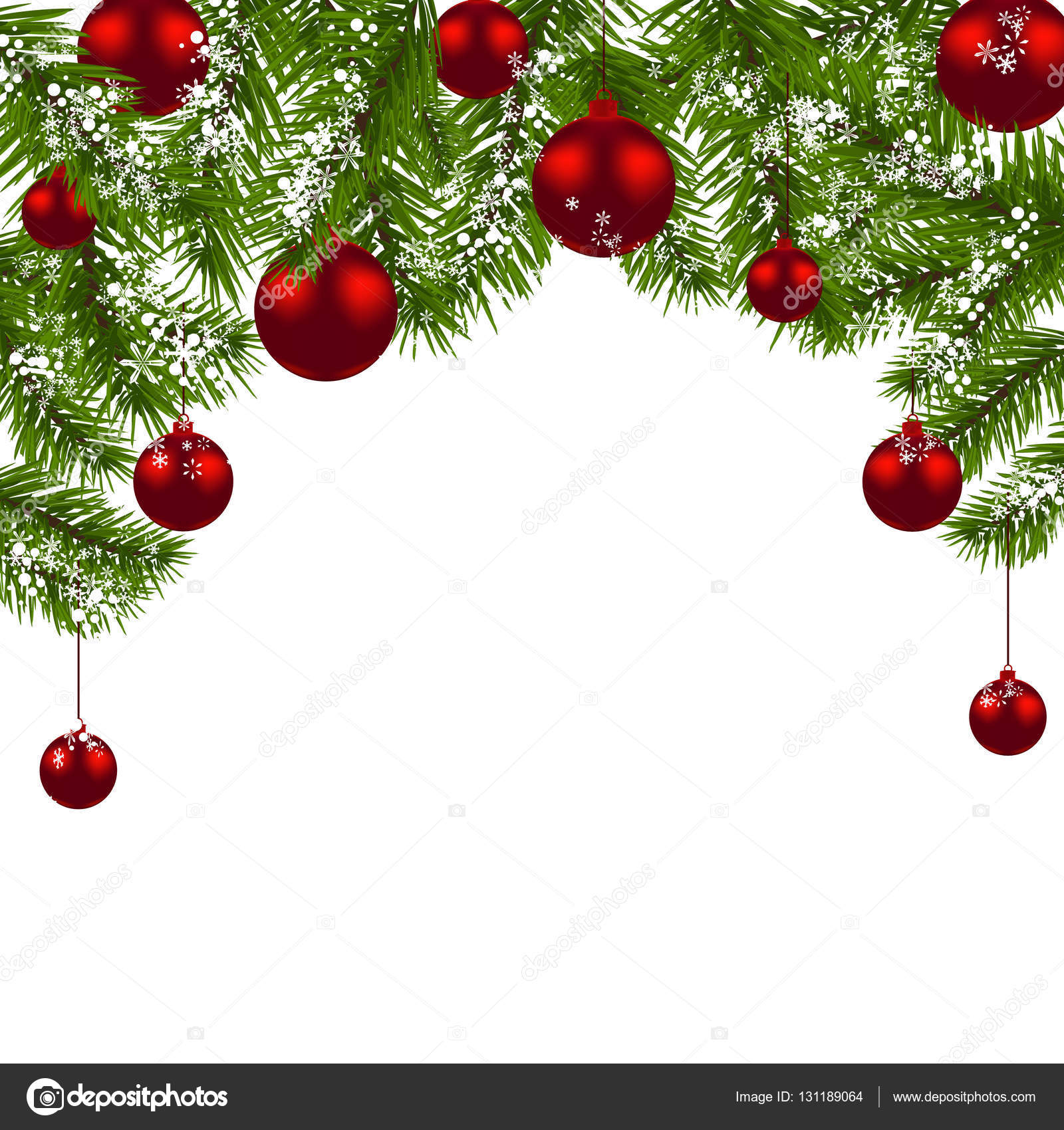 크리스마스 카드입니다. 붉은 볼과 흰색 배경에 눈송이 크리스마스 트리 그린 지점. 새 해 장식입니다. 일러스트 레이 션 스톡 벡터 -  ©Lily_Studio 131189064, image size:1600x1700