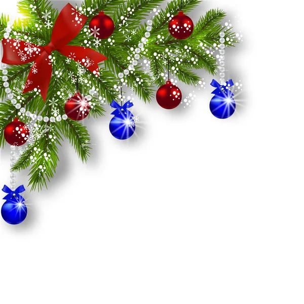Cartão de Natal. Ramos verdes de uma árvore de Natal com bolas azuis, vermelhas e fita em um fundo branco. Canto com sombra e flocos de neve. Decorações de Natal. Ilustração — Vetor de Stock
