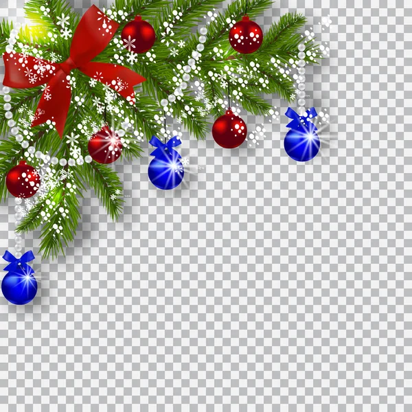 Julkort. Gröna grenar av en julgran med blå, röda bollar och band på checker bakgrund. Hörnet med skugga och snöflingor. Juldekorationer. illustration — Stock vektor
