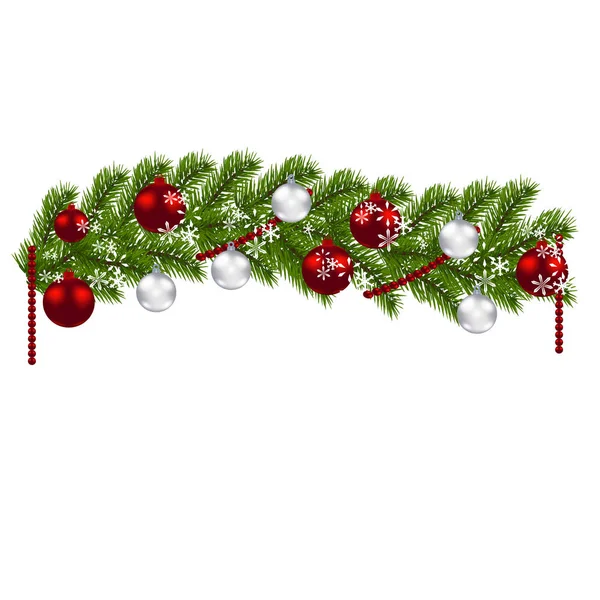 Noel dekorasyonu. Yeşil kırmızı ve gümüş top ve beyaz bir arka plan üzerinde kar taneleri ile Noel ağacı dalı. Yılbaşı Dekorasyonu. illüstrasyon