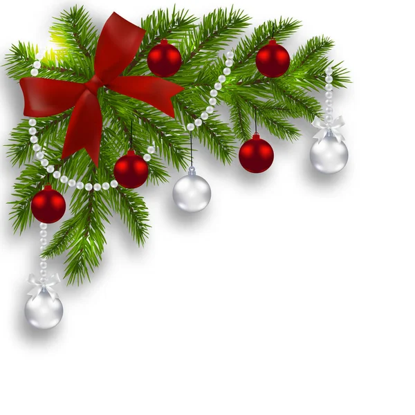 Julkort. Gröna grenar av en julgran med silver, röda bollar och band på en vit bakgrund. Kantiga. Juldekorationer. illustration — Stock vektor