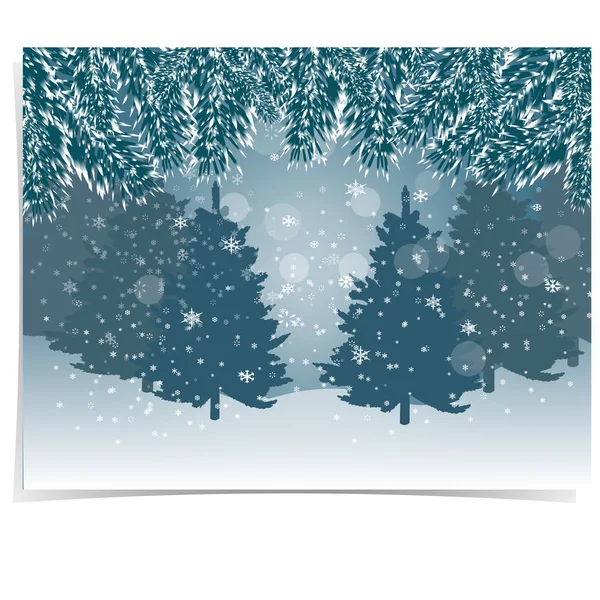 Tarjeta de Año Nuevo. Ramas de abeto azules y realistas con nieve en el frío bosque de invierno en el fondo. Ilustración de Navidad — Vector de stock