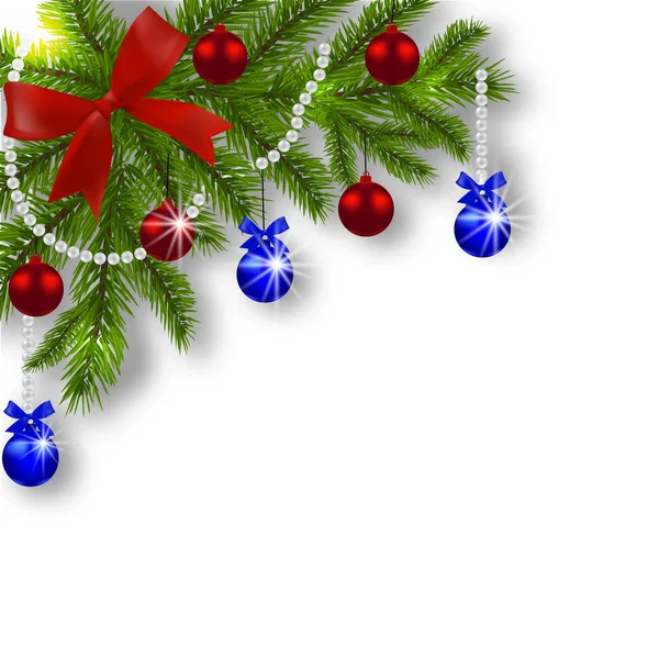 Cartão de Natal. Ramos verdes de uma árvore de Natal com bolas azuis, vermelhas e fita em um fundo branco. Ângulo. Decorações de Natal. Ilustração — Vetor de Stock