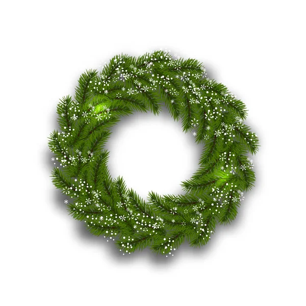 Groene boomtak in de vorm van een kerst krans en sneeuwvlokken op een witte achtergrond. illustratie — Stockvector