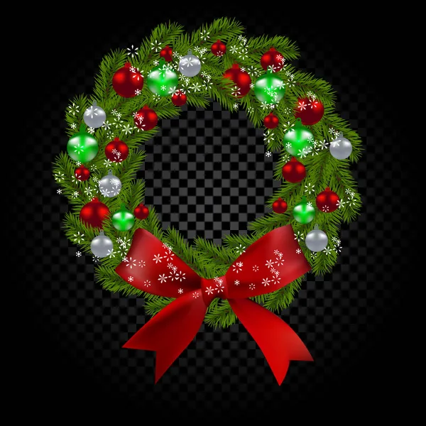 Гілка зеленого дерева у вигляді різдвяного вінка та сніжинок. Червоні, зелені та срібні кульки перевіряють градієнтний фон. ілюстрація — стоковий вектор