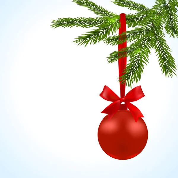 Karácsonyi kártya. A Christmas tree a piros golyó, és a szalag fehér alapon zöld ága. Karácsonyi díszek. illusztráció — Stock Vector