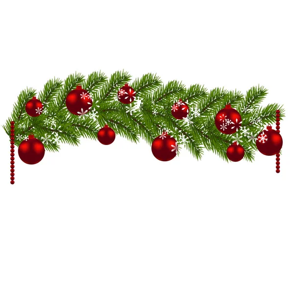 Decoração de Natal. Ramos verdes de uma árvore de Natal com bolas vermelhas e flocos de neve em um fundo branco. Decoração de Ano Novo. Ilustração —  Vetores de Stock