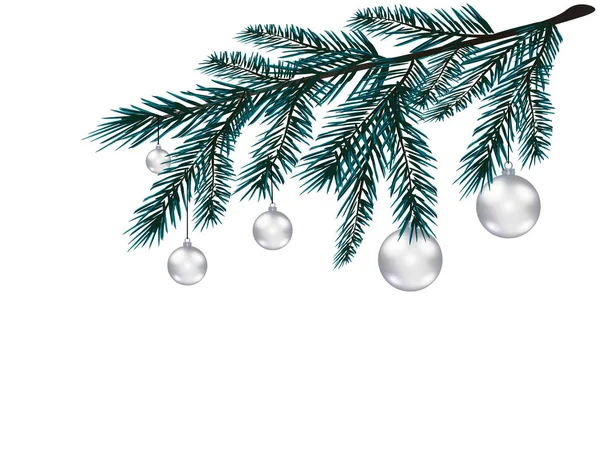 Rama de árbol azul realista. Ramas de abeto con bolas de plata. Aislado sobre fondo blanco. Ilustración de Navidad — Vector de stock