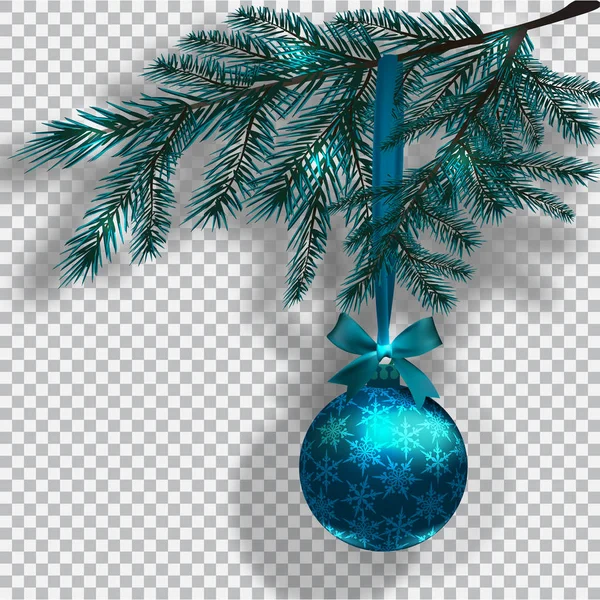 Branches d'arbre de Noël bleu sur un fond damier avec ombre. Balle avec flocons de neige et arc. Décorations de Noël. illustration — Image vectorielle