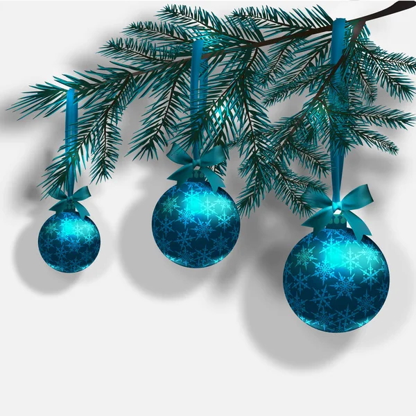 Ramos de árvore de Natal azul em um fundo branco isolado com sombra. Três bolas azuis com flocos de neve e fita. Ilustração vetorial — Vetor de Stock