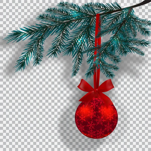 Blaue Christbaumzweige auf kariertem Hintergrund mit Schatten. roter Ball mit Schneeflocken und Schleife. Weihnachtsdekoration. Vektorillustration — Stockvektor