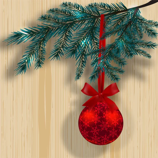 Ramos de árvore de Natal azul no fundo de uma textura de madeira com sombra. Bola vermelha com flocos de neve e fita. Ilustração vetorial — Vetor de Stock