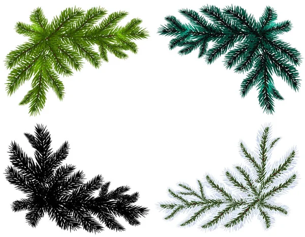 Gesetzt. blaue, schwarze, weiße und grüne Weihnachtsbaumzweige auf einem isolierten weißen Hintergrund. Illustration — Stockvektor