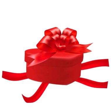 Hediyelik kutu beyaz zemin üzerine kırmızı bir yay ile bir kalp şeklinde. Kırmızı kurdele. illüstrasyon