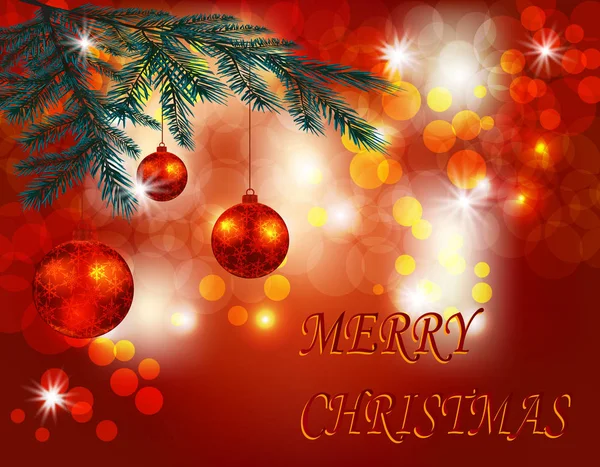 Navidad, saludo de Año Nuevo. Tres bolas rojas brillantes en una rama de abeto sobre un fondo festivo. La inscripción Feliz Navidad. Un juguete. ilustración — Vector de stock