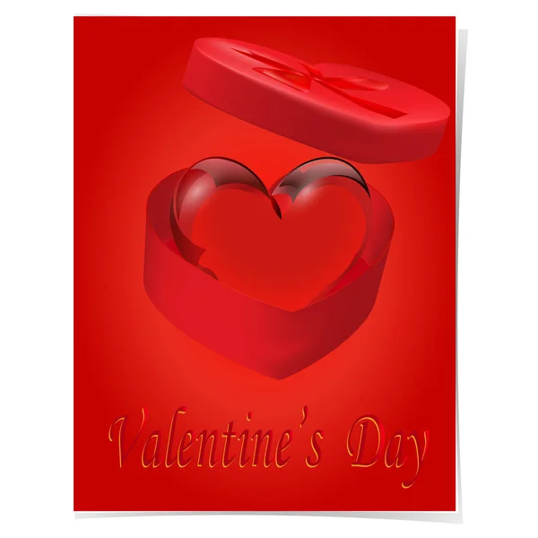Corazón de Cristal en una caja de regalo con un lazo rojo sobre un fondo rojo. Leyenda del Día de San Valentín. ilustración — Vector de stock