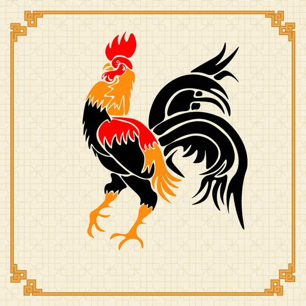 Gallo rojo estilizado en el fondo del ornamento en el estilo chino. Gallo de fuego del año. ilustración — Archivo Imágenes Vectoriales