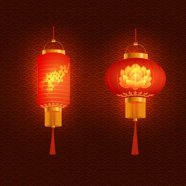 Turuncu-kırmızı Çin fenerler kümesi. Kiraz desen ve lotus ile. Yuvarlak ve silindirik şekli. Bordo arka plan üzerinde. illüstrasyon