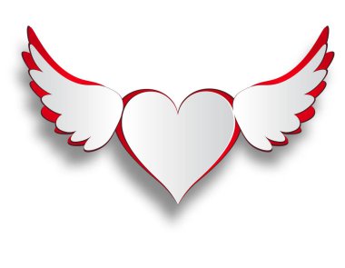 Gölge bir beyaz zemin üzerine kırmızı ve beyaz kalp kanatlı, kes şunu. Sevgililer günü. illüstrasyon