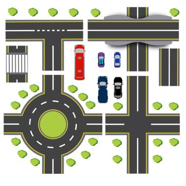 Set design of transport interchanges. Intersections of different highway. Roundabout Circulation. Transport. Bridge. illustration clipart