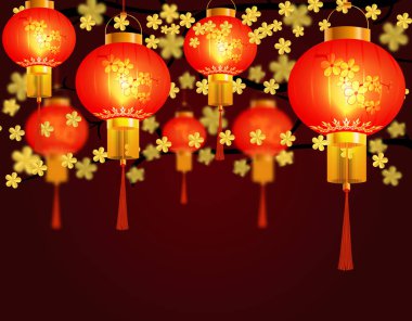 Kırmızı Çin fener parkta asılı. Yuvarlak şekil desenleri ile. Sarı kiraz çiçekleri arka planı. illüstrasyon