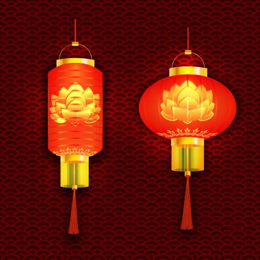 Kırmızı Çin fener kümesi. Ve yuvarlak silindir şeklinde bir desen bir Lotus ile. Oyma arka plan. illüstrasyon