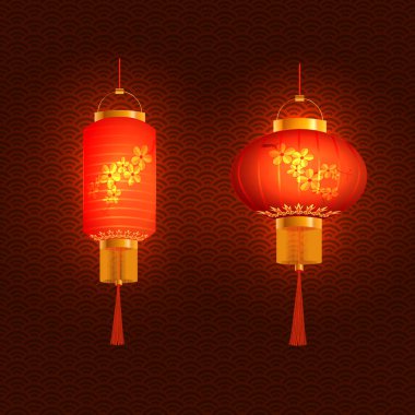 Kırmızı Çin fener kümesi. Yuvarlak ve silindirik şekli. Ajur arka planda. illüstrasyon