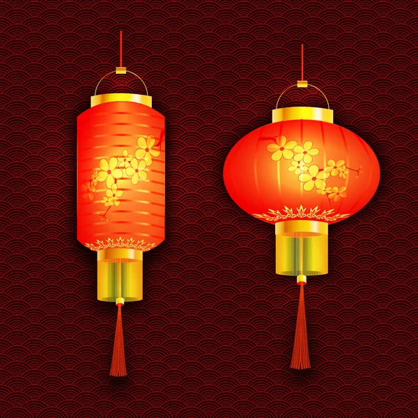 Turuncu Çince fenerler kümesi. Kiraz desen ile. Yuvarlak ve silindirik şekli. Oyma arka plan. illüstrasyon