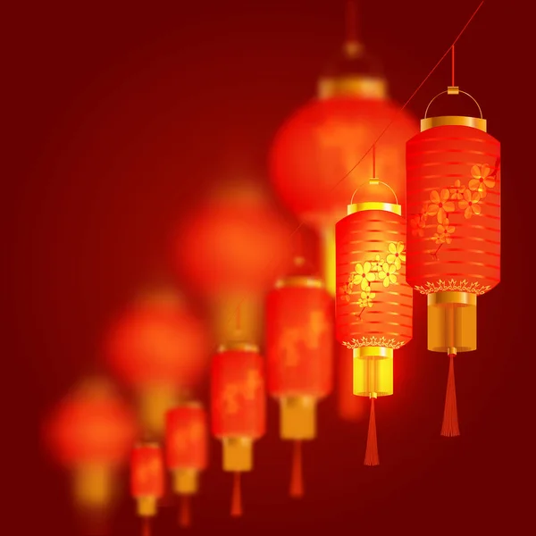 Eine Reihe orange-roter chinesischer Laternen mit Kirschmuster. runde und zylindrische Form. hintereinander. Illustration — Stockvektor