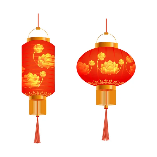 Um conjunto de lanternas chinesas laranja. Com padrão de lótus. Forma redonda e cilíndrica. Isolado em fundo branco. Ilustração — Vetor de Stock