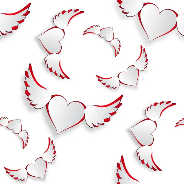 White hearts with wings flying Insulated on white background. Seamless texture. Valentine s Day. illustration — Stock Vector