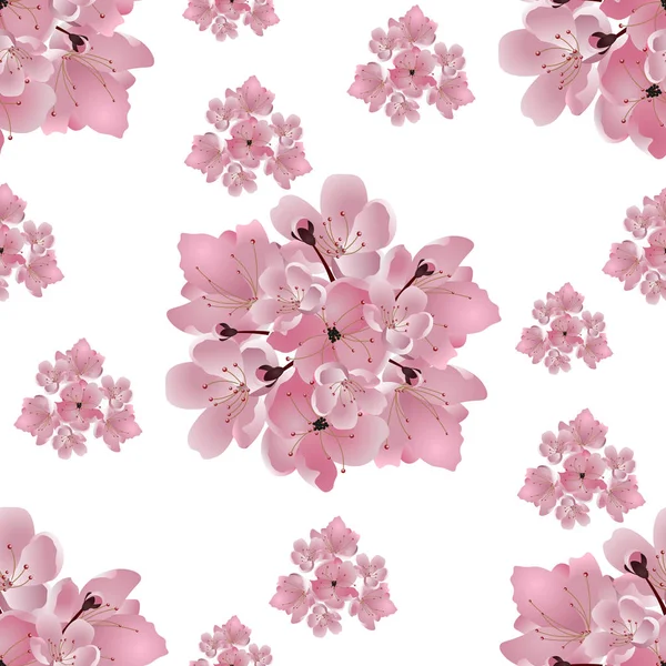 Cereza japonesa. Conjunto de ramos de flor de cerezo rosa. Aislado sobre fondo blanco. Sin fisuras. ilustración — Vector de stock