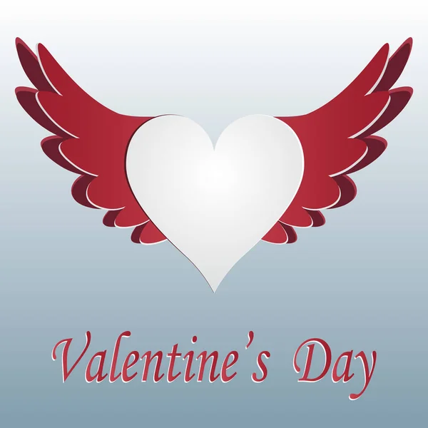 Corazón rojo y blanco con alas cortadas sobre fondo degradado. Inscripción de saludo Día de San Valentín. ilustración — Vector de stock
