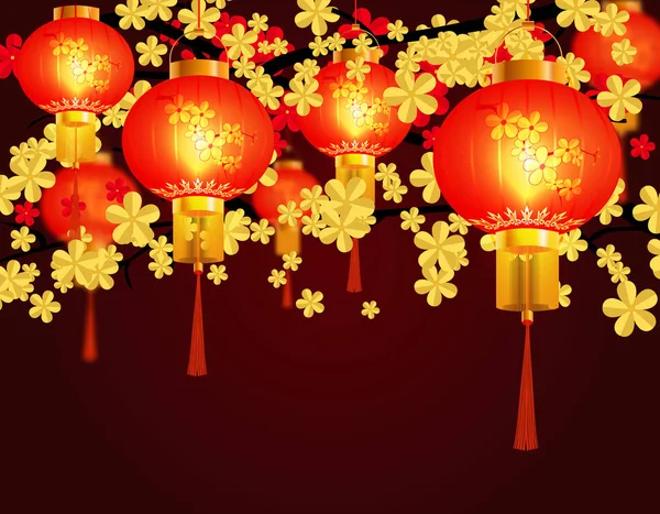 Lanternas vermelhas chinesas. Forma redonda com padrões. Contra o fundo das flores de cereja. Ilustração — Vetor de Stock