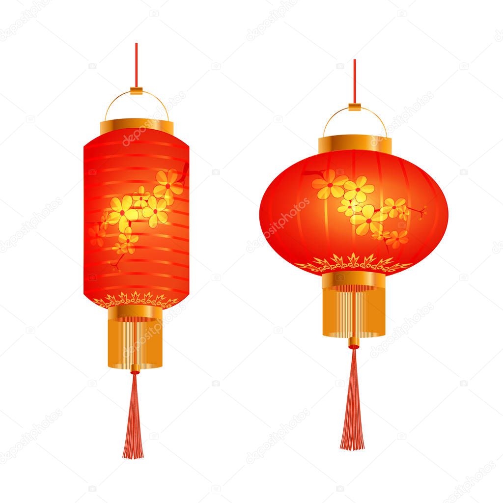 A set of orange Chinese lanterns. With cherry pattern. Round and cylindrical shape. Isolated on white background. illustration