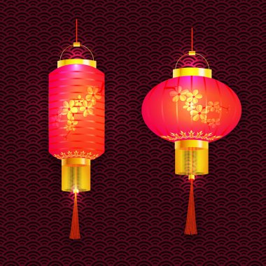 Mor Çince fenerler kümesi. Kiraz desen ile. Sakura. Yuvarlak ve silindirik şekli. Oyma arka plan. illüstrasyon