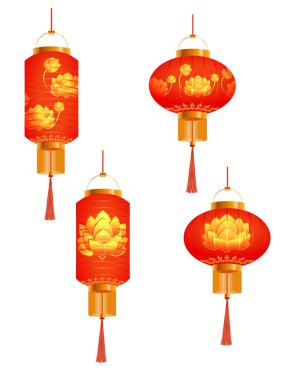 Turuncu Çince fenerler kümesi. Lotus bud. Yuvarlak ve silindirik şekli. Beyaz arka plan üzerinde izole. illüstrasyon