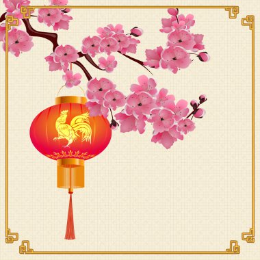 Kiraz çiçekleri mor çiçekli bir dalı asılı kırmızı Çin fenerler. Resmi yangın horoz olan yuvarlak şekli. Çerçeve içinde. illüstrasyon