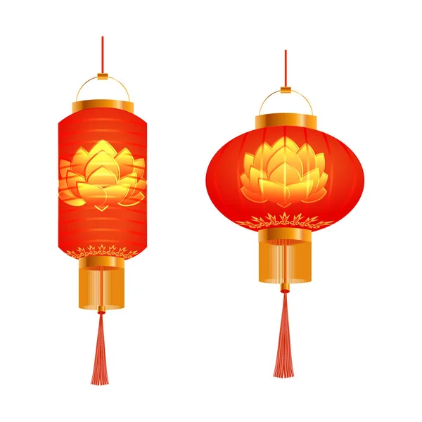 En uppsättning orange kinesiska lyktor. Lotus mönster. Runda och cylindrisk form. Isolerade på vit bakgrund. illustration — Stock vektor