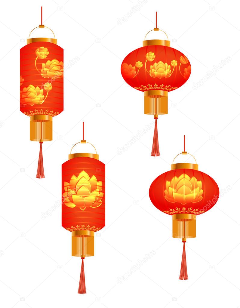 A set of orange Chinese Lanterns. lotus bud. Round and cylindrical shape. Isolated on white background. illustration