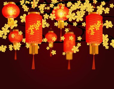 Parkta asılı kırmızı Çin fenerler. Silindir şeklinde bir desen ile. Sarı kiraz arka planı. illüstrasyon